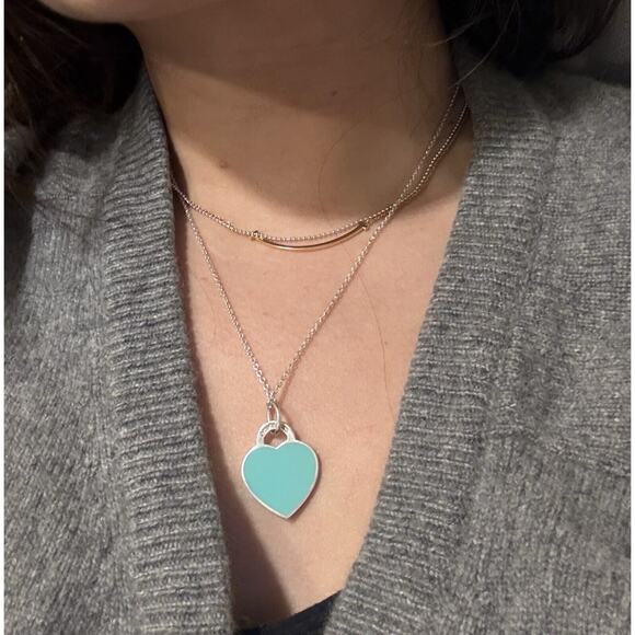 Tiffany Co Silver Return Blue Enamel Medium Heart Tag Pendant Charm Necklace - Picture 6 of 11